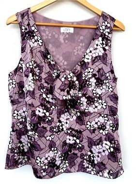 LOFT Lavender and White Floral V-Neck Sleeveless Top with Tie Front